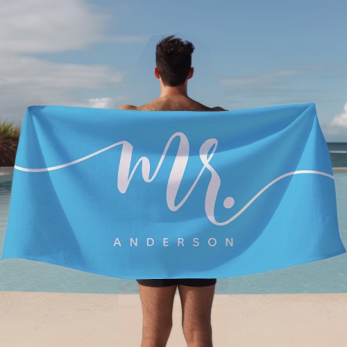 Mr Blue And White Newlywed Groom Personalized Beach Towel