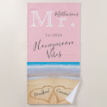 Mr. Blush Pink Beach  Wedding 2 Hearts Sand | His Beach Towel<br><div class="desc">Mr. Blush Pink Beach Wedding 2 Hearts Sand | His Beach Towel with newlyweds names "Honeymoon vibes",  beach towel.</div>