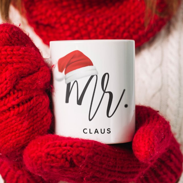 Mr. Christmas Santa Hat Name Coffee Mug (Hand Lettered Mr. with a Santa hat. Keep it as Mr. Claus or change it to your last name.)