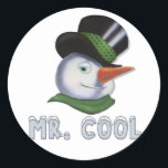 Mr. Cool - Snowman Classic Round Sticker<br><div class="desc">Cool and confident,  that's Mr. Cool. Fun snowman winter design for that favorite cool guy.</div>