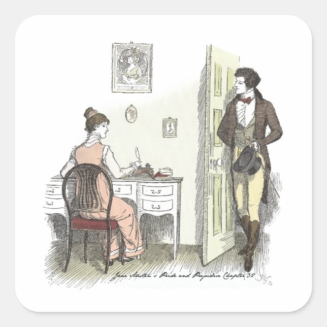 Mr Darcy Visits, Jane Austen Pride and Prejudice Square Sticker (Front)