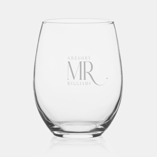 MR., Elegant Light Gray Typography Stemless Wine Glass (Front)