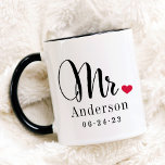 Mr Elegant Script Heart Custom Wedding Monogram Mug<br><div class="desc">Personalized coffee mugs for the newly married Mr and Mrs feature elegant black script and custom last name and wedding date monogram text that can be personalized. Design includes a cute red heart detail. Makes a great wedding gift! Shop our store for the coordinating mug design.</div>