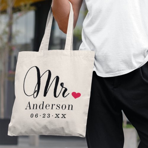 Mr Elegant Script Heart Custom Wedding Monogram Tote Bag