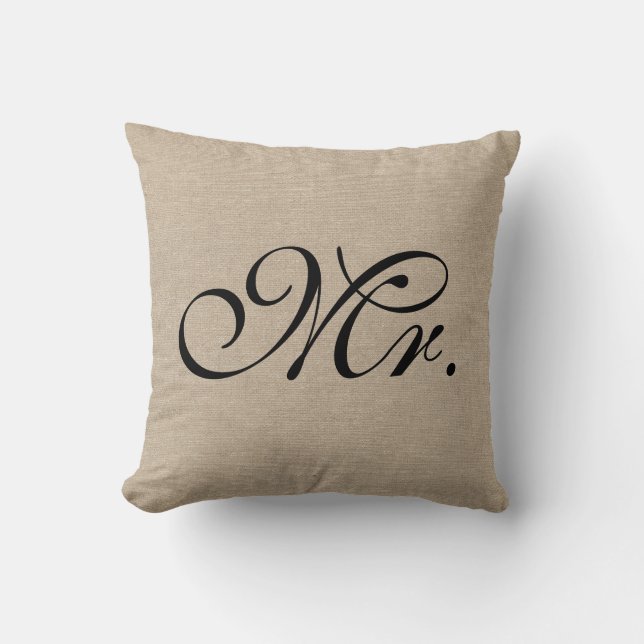 Mr. faux linen burlap rustic chic initial jute throw pillow (Front)