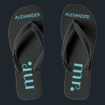 Mr. Flip Flops | Grooms Wedding<br><div class="desc">A fun addition to your destination beach or poolside wedding! Black men's Flip Flops with the word "Mr." with the grooms name personalized. Click "Customize It" to change the font or font color to match your wedding colors. To see matching brides Flip Flops- Please visit my store "The Hungarican Princess"...</div>