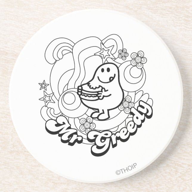 Mr. Greedy | Black & White Swirls & Stars Sandstone Coaster (Front)