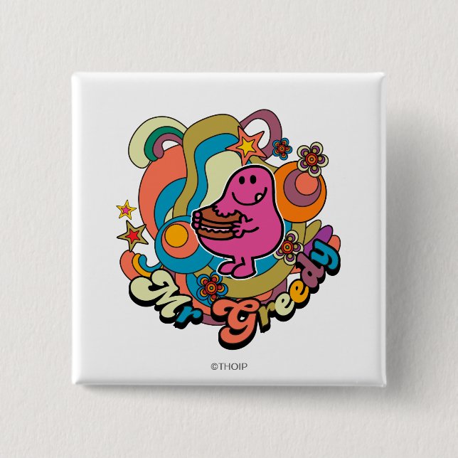 Mr. Greedy | Colorful Swirls & Stars Button (Front)