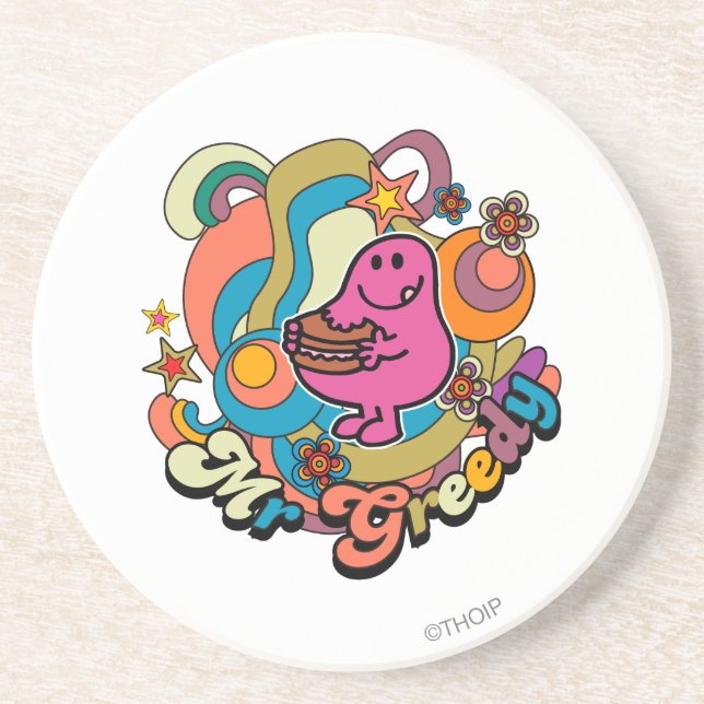 Mr. Greedy | Colorful Swirls & Stars Coaster (Front)