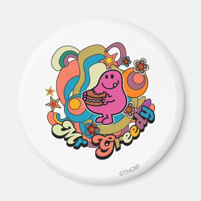 Mr. Greedy | Colorful Swirls & Stars Magnet (Front)