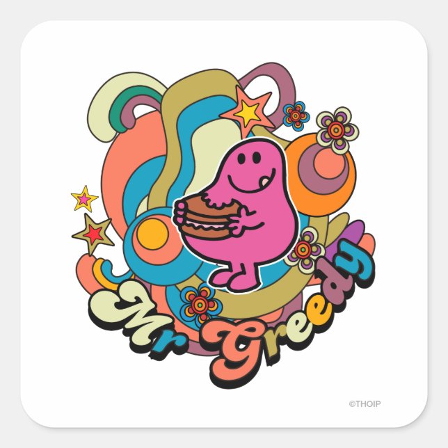 Mr. Greedy | Colorful Swirls & Stars Square Sticker (Front)