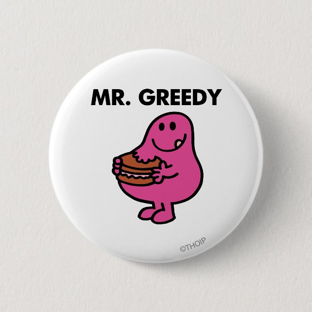Mr. Greedy Eating Cake Button (Front)