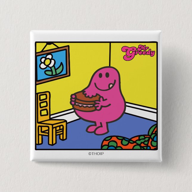 Mr. Greedy | Living Room Eating Pinback Button (Front)