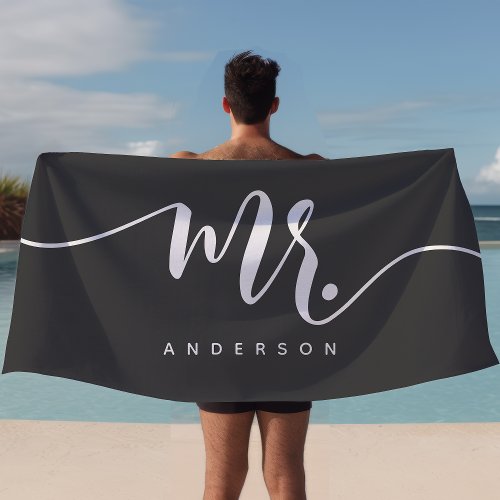 Mr Grey And White Newlywed Groom Personalized Beach Towel