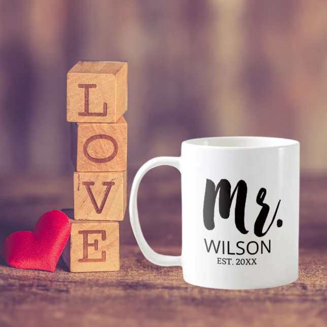 Mr Groom Brush Font Wedding Anniversary Couple Coffee Mug (Close up, On the table)