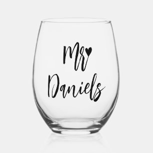 Mr grooms name black typography and heart wedding stemless wine glass