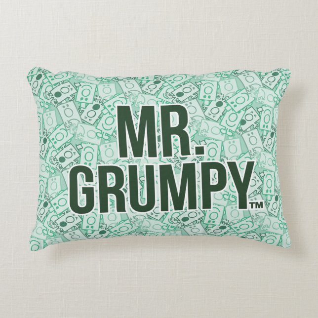Mr Grumpy | Green Name and Character Toss Pattern Accent Pillow (Front)
