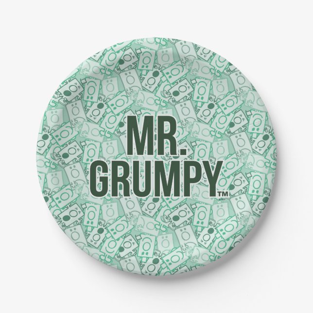 Mr Grumpy | Green Name and Character Toss Pattern Paper Plates (Front)