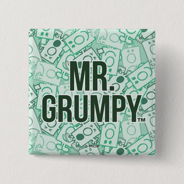 Mr Grumpy | Green Name and Character Toss Pattern Pinback Button (Front)