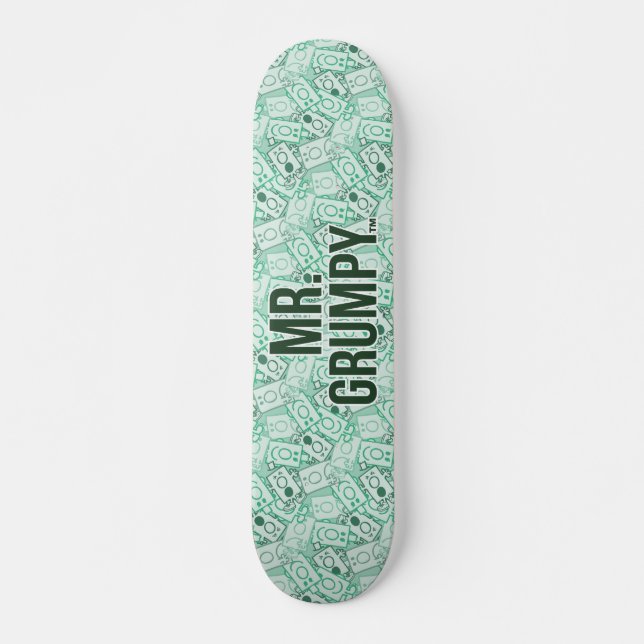 Mr Grumpy | Green Name and Character Toss Pattern Skateboard Deck (Front)