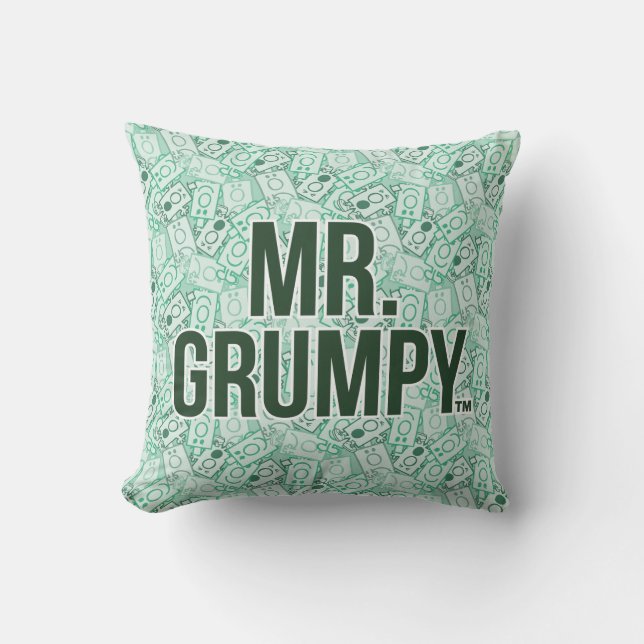 Mr Grumpy | Green Name and Character Toss Pattern Throw Pillow (Front)