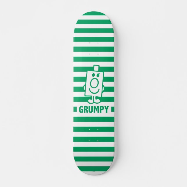 Mr Grumpy | Mischievous Grin and Green Stripes Skateboard Deck (Front)