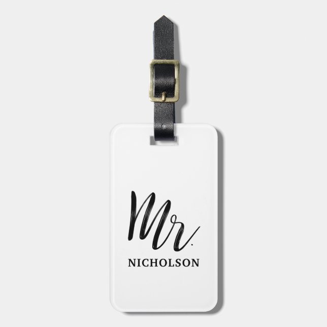 Mr. | Handwritten | His | Brush Lettered Simple Luggage Tag (Front Vertical)