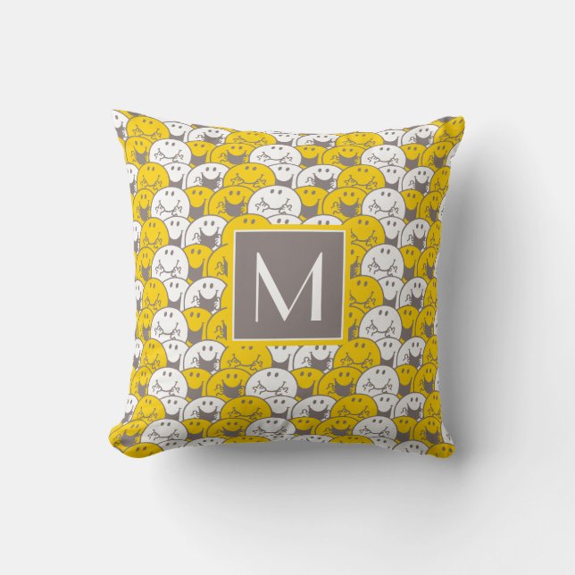 Mr Happy | Flashing Smiles Pattern | Monogram Throw Pillow (Front)