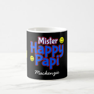 Mr Happy Papi with Smile Emojis and Name on BLACK Coffee Mug