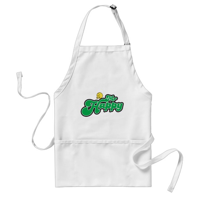 Mr. Happy Sliding Down Green Lettering Adult Apron (Front)