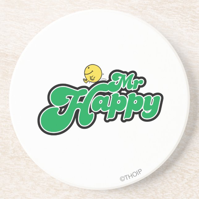 Mr. Happy Sliding Down Green Lettering Drink Coaster (Front)