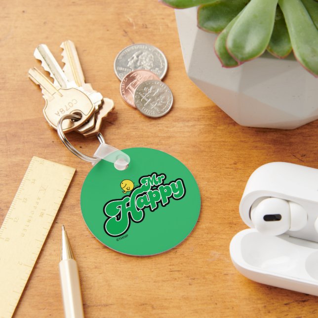Mr. Happy Sliding Down Green Lettering Keychain (Desk)
