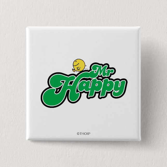 Mr. Happy Sliding Down Green Lettering Pinback Button (Front)