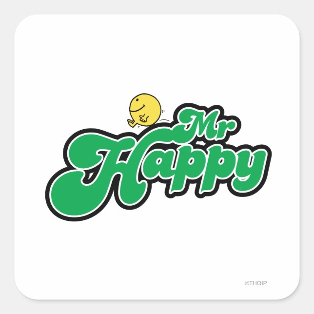 Mr. Happy Sliding Down Green Lettering Square Sticker (Front)