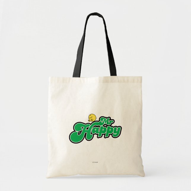 Mr. Happy Sliding Down Green Lettering Tote Bag (Front)