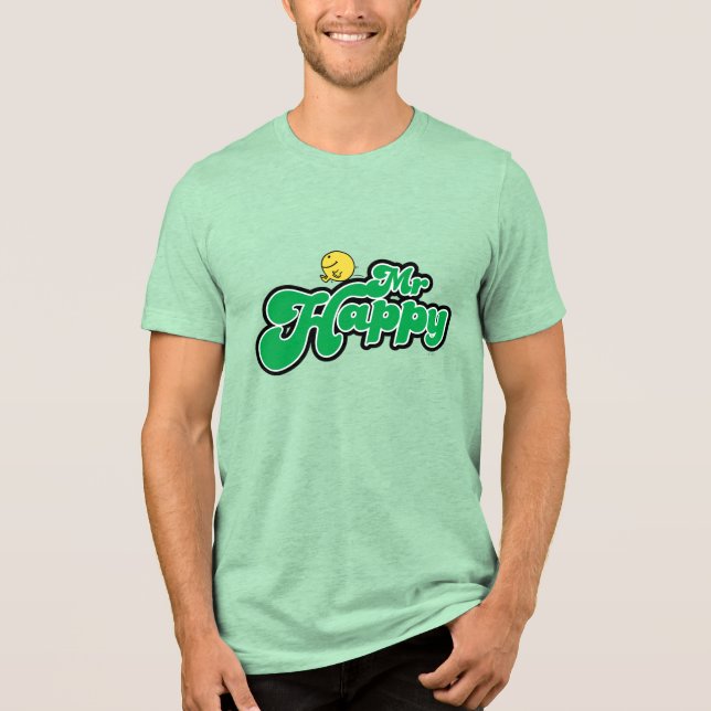 Mr. Happy Sliding Down Green Lettering Tri-Blend Shirt (Front)