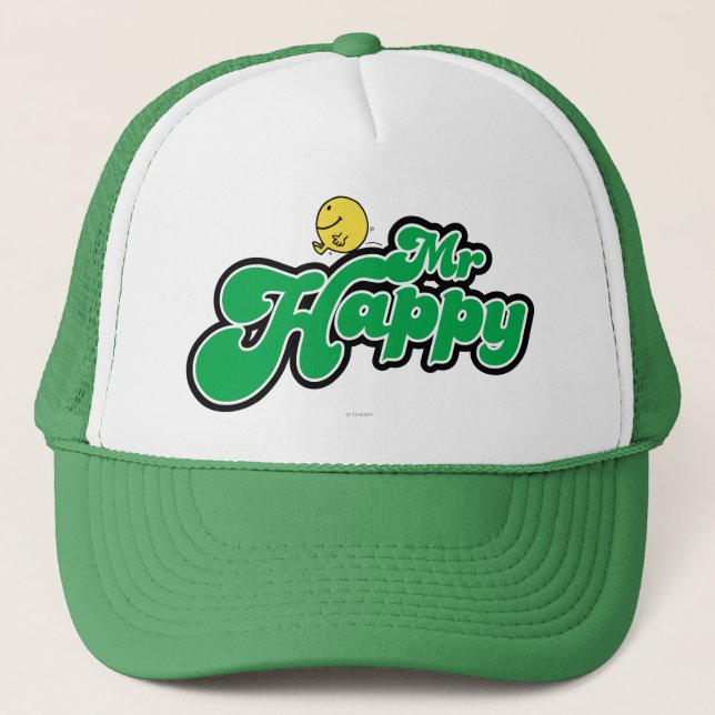 Mr. Happy Sliding Down Green Lettering Trucker Hat (Front)