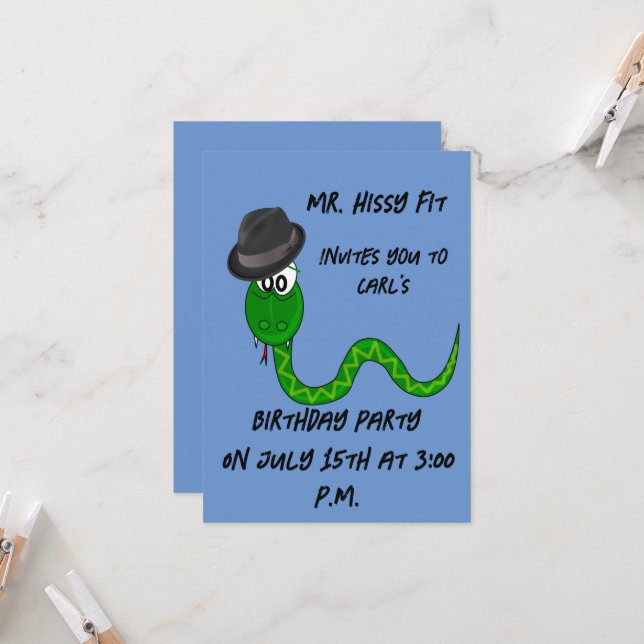 Mr. Hissy Fit Snake Birthday Invitation (Front/Back In Situ)