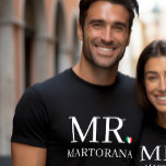 MR. Italian Flag Heart Personal Last Name Couples T-Shirt<br><div class="desc">Celebrate your heritage—and your love—with this bold MR. tee featuring a sleek Italian flag heart as the period and your personalized last name. Designed on a rich dark tee for standout contrast, this shirt is perfect for weddings, honeymoons, anniversaries, engagement photos, or everyday pride in your Italian roots. Pair it...</div>