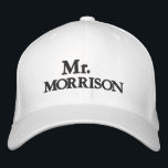 Mr. Last Name black white personalized custom Embroidered Baseball Cap<br><div class="desc">Chic Mr. Last Name black and white personalized custom name wedding Embroidered Baseball Cap.
Available in many colors and options.</div>