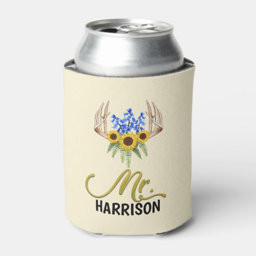 Mr Last Name Rustic Floral Antlers Wedding Can Cooler