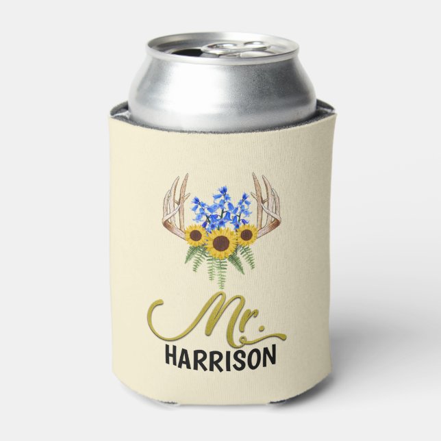 Mr Last Name Rustic Floral Antlers Wedding Can Cooler (Can Front)