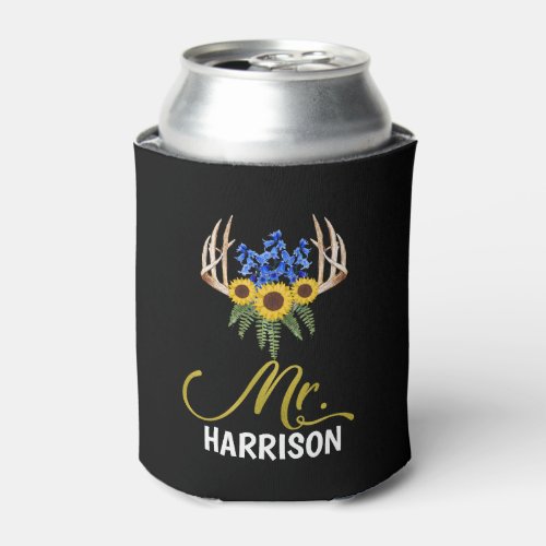 Mr Last Name Rustic Floral Antlers Wedding Can Cooler