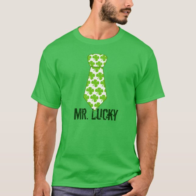 Mr Lucky Funny St Patricks Day Chevron Clover Tie T-Shirt (Front)
