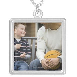 MR Man (age 25) and boy (age 6) sitting on park Silver Plated Necklace