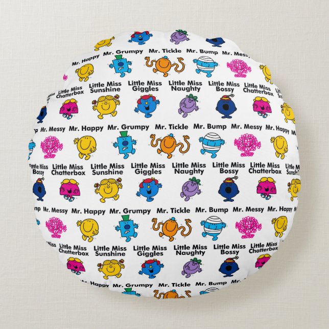 Mr Men & Little Miss | Character Names Round Pillow (Front)