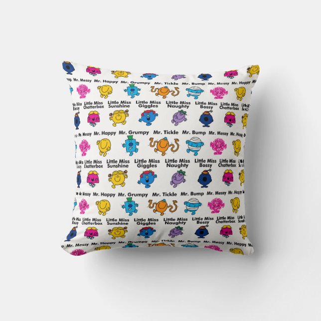 Mr Men & Little Miss | Character Names Throw Pillow (Front)