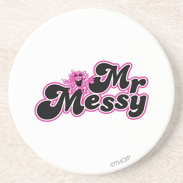 Mr. Messy | Large Black & Pink Letters Drink Coaster (Front)