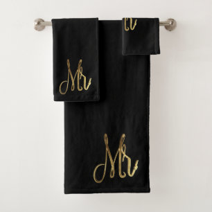 Mr. Mister Black and Gold Look Elegant Typography Bath Towel Set