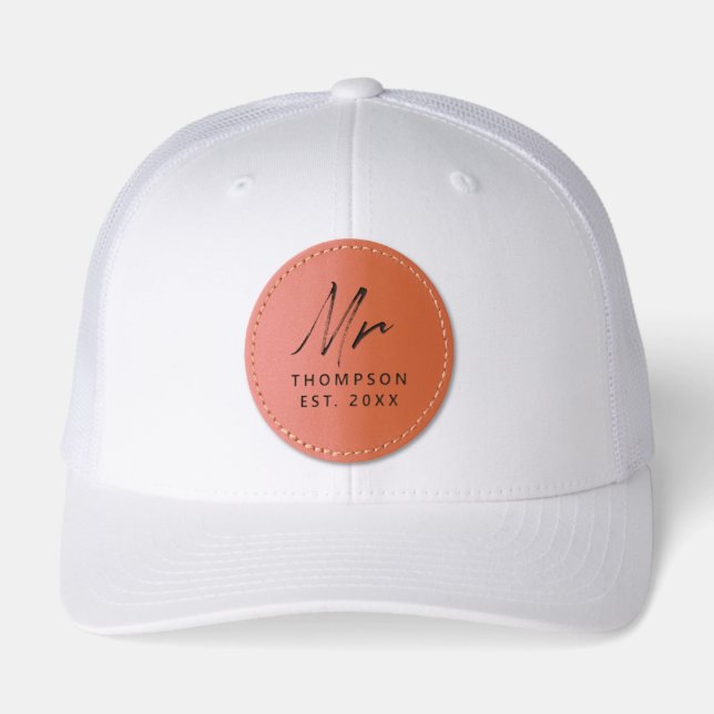 Mr. Modern Black White Minimalist Script  Leather Patch Hat (Front)